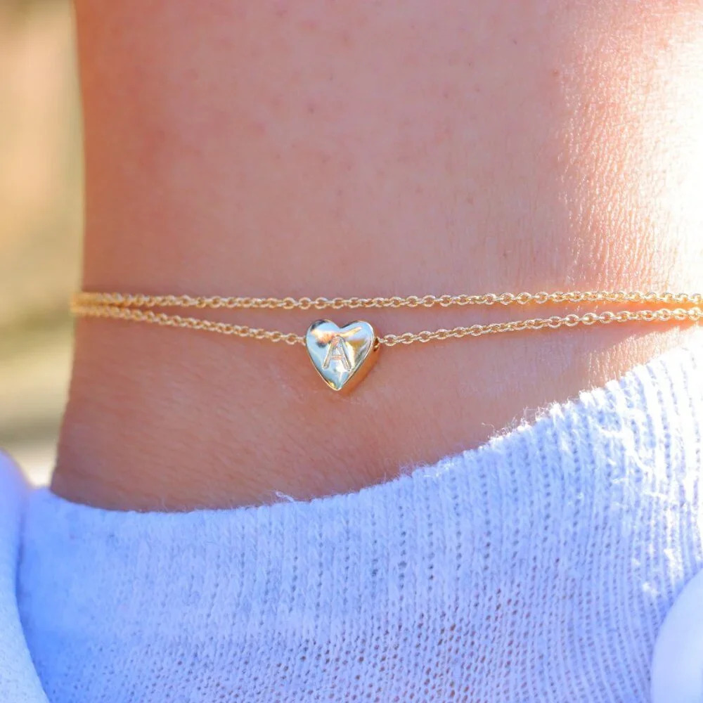 GOLD INITIAL ANKLET ❤️HEART CHARM PERSONALIZED DOUBLE LAYER DAINTY, ELDM22105A